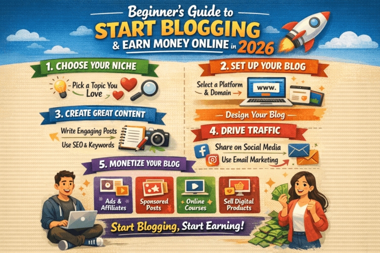 A beginner setting up a blog on a laptop with notes on monetization strategies and online income ideas in 2026
