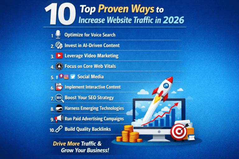 Illustration showing digital marketing strategies like SEO, social media, content marketing, and analytics to increase website traffic in 2026