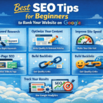 Illustration showing beginner SEO tips to rank a website on Google search results