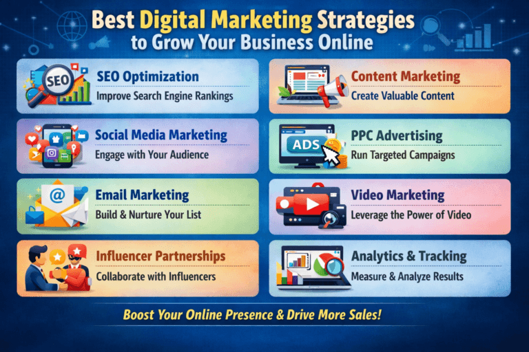 Illustration showing various digital marketing strategies like SEO, social media, email marketing, and content marketing helping a business grow online.