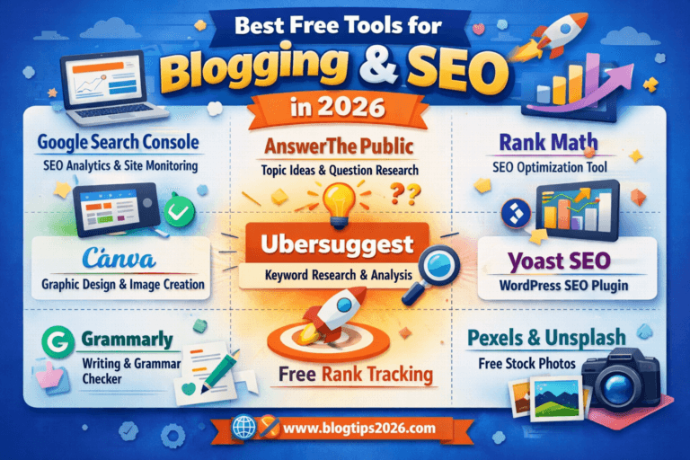 Digital workspace with laptop displaying free SEO tools for bloggers including keyword planner, backlink checker, and traffic analytics