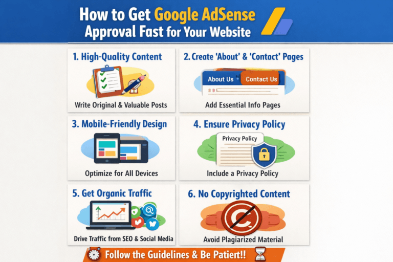 Illustration showing steps to get Google AdSense approval fast for a new website including quality content, policy compliance, and traffic growth