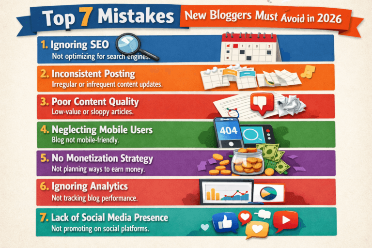 Illustration showing a frustrated blogger surrounded by icons of common blogging mistakes like poor SEO, inconsistent posting, weak content, and low engagement, with a bold text overlay: “Top 7 Mistakes New Bloggers Must Avoid in 2026.”