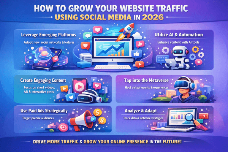 Illustration showing social media icons like Facebook, Instagram, Twitter, and LinkedIn connected to a laptop screen displaying website analytics, representing strategies to grow website traffic in 2026