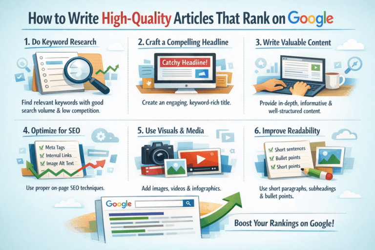Person writing on a laptop with SEO charts and keyword research tools on screen, representing the process of creating high-quality articles that rank on Google.