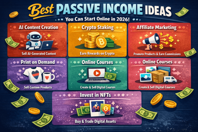 Illustration of a laptop, smartphone, and money symbols representing online passive income opportunities in 2026, including investments, digital products, and online business ideas.