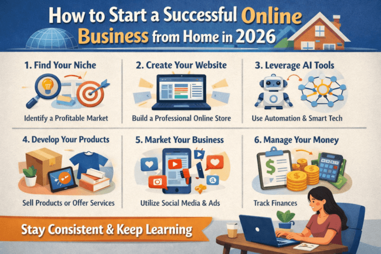 A person working on a laptop at a home office desk with charts, graphs, and coffee, symbolizing starting a successful online business from home in 2026