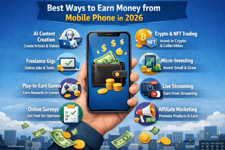 A smartphone displaying various money-making apps and online platforms, surrounded by icons of digital payments, freelance work, e-commerce, and online surveys, symbolizing modern ways to earn income using a mobile phone in 2026.