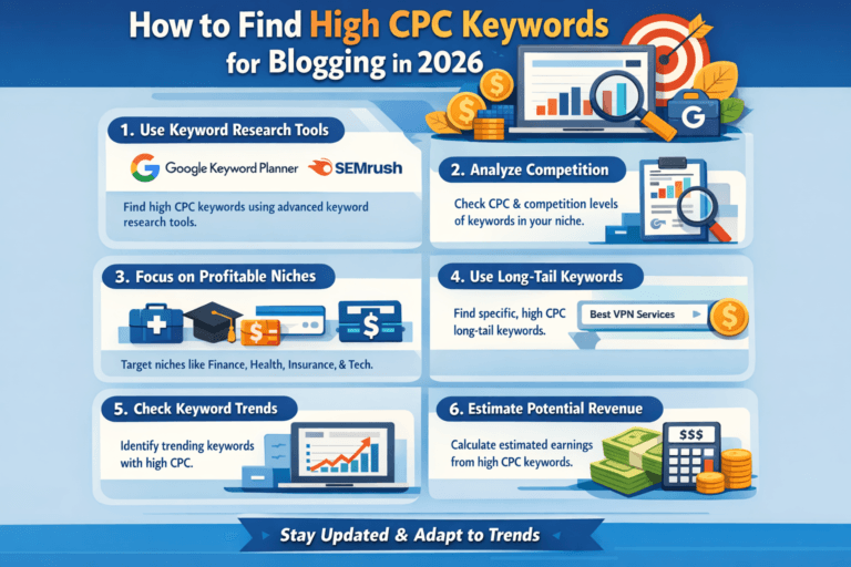 A blogger analyzing keyword data on a laptop with charts and graphs highlighting high CPC keywords for 2026, symbolizing digital marketing and SEO research.