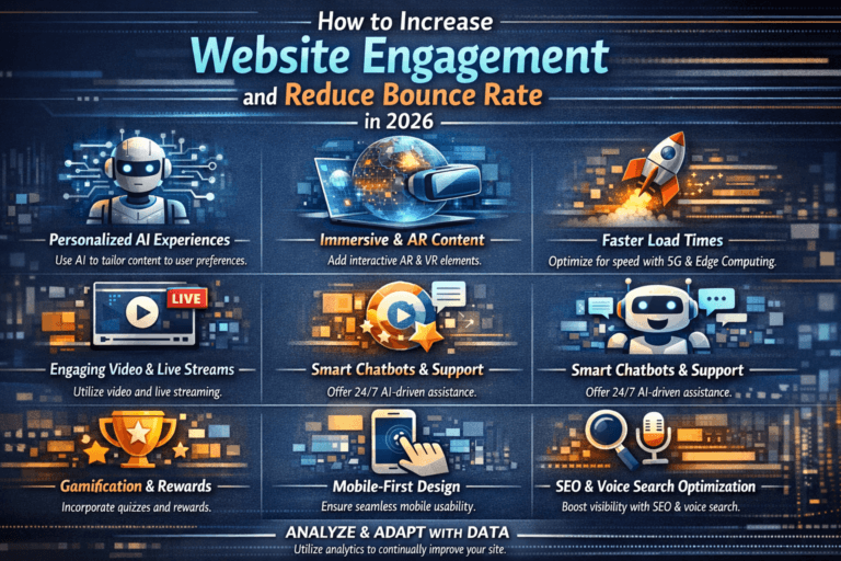 Illustration of a website dashboard with analytics charts, showing increasing user engagement, lower bounce rate, and optimized content strategies in 2026.