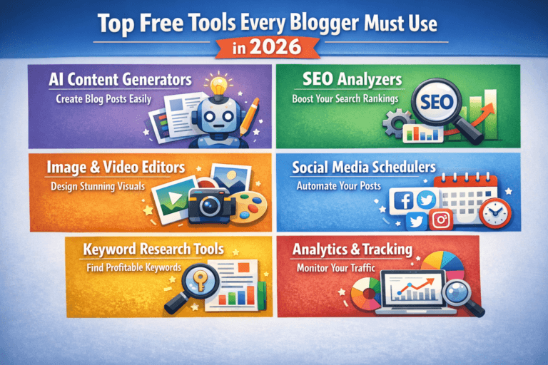 A modern workspace with a laptop, notebook, and coffee cup, showcasing icons of popular free blogging tools like SEO, analytics, and content creation software, representing essential resources every blogger should use in 2026.