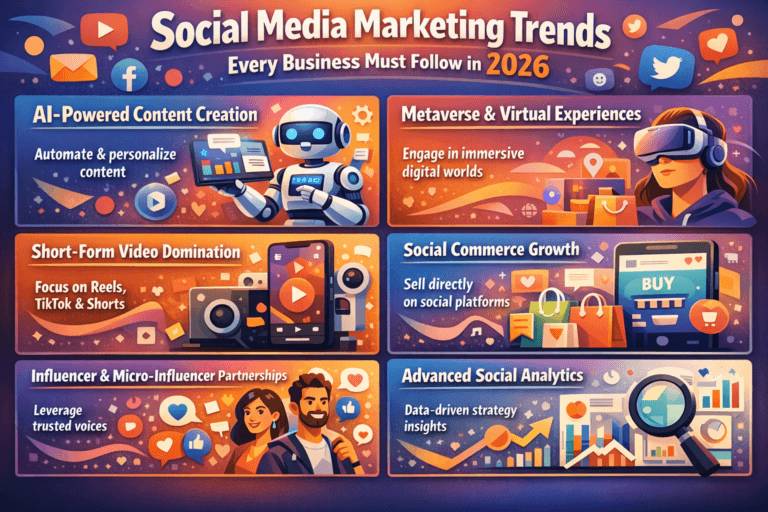 Illustration of social media icons, analytics charts, and digital marketing elements representing the top social media trends for businesses in 2026, including AI-driven content, short-form videos, and influencer marketing.