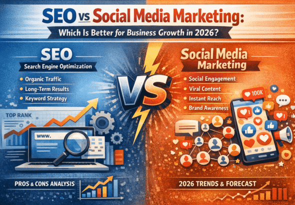 Comparison of SEO and social media marketing strategies for business growth in 2026, showing charts, graphs, and icons representing search engines, social media platforms, and digital marketing trends.