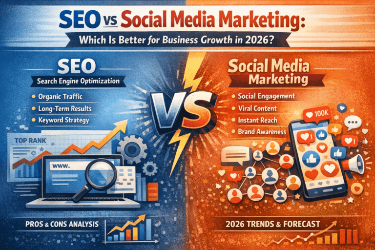 Comparison of SEO and social media marketing strategies for business growth in 2026, showing charts, graphs, and icons representing search engines, social media platforms, and digital marketing trends.