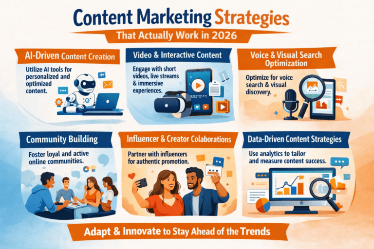 Illustration of modern content marketing strategies in 2026, showing a laptop with analytics charts, social media icons, and creative content ideas symbolizing successful marketing campaigns.