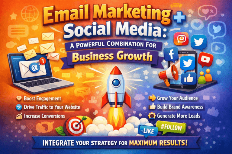 A business professional analyzing charts and graphs on a laptop and smartphone, representing the synergy of email marketing and social media strategies to drive business growth.