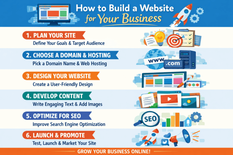 Person designing a business website on a laptop with web development tools, charts, and UI elements visible on the screen, representing building a professional online presence for a business.