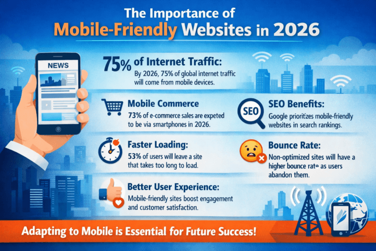 A modern smartphone displaying a responsive website layout, surrounded by icons representing speed, user engagement, and mobile optimization, highlighting the importance of mobile-friendly web design in 2026.