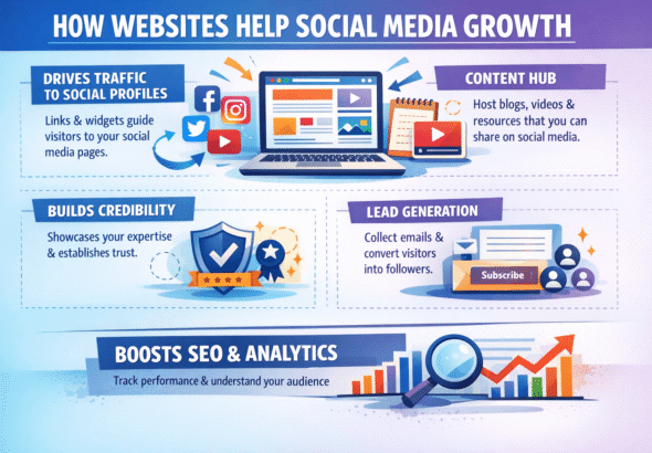 A digital illustration showing a website screen with social media icons like Facebook, Instagram, and Twitter around it, representing how websites drive engagement and growth on social media platforms.