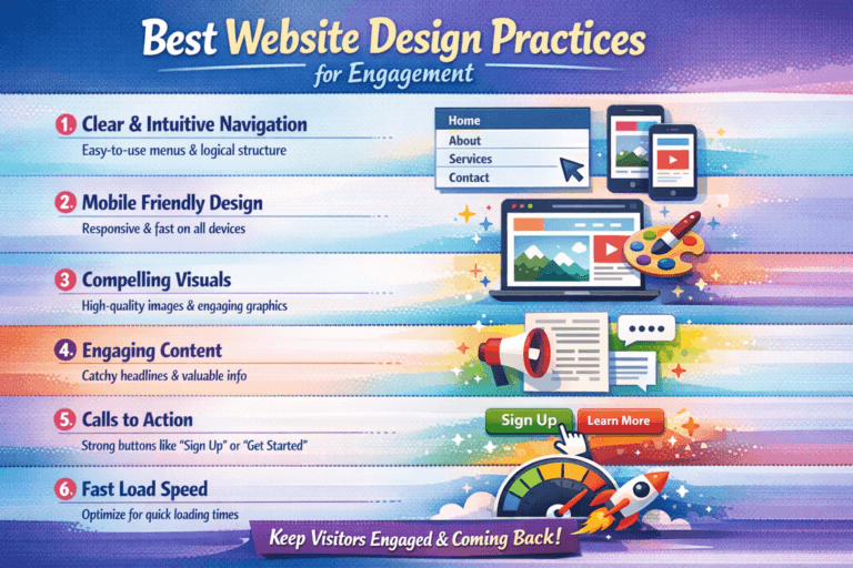 Illustration of a modern website layout with engaging design elements, including clear navigation, interactive buttons, optimized visuals, and user-friendly interface to improve visitor engagement.