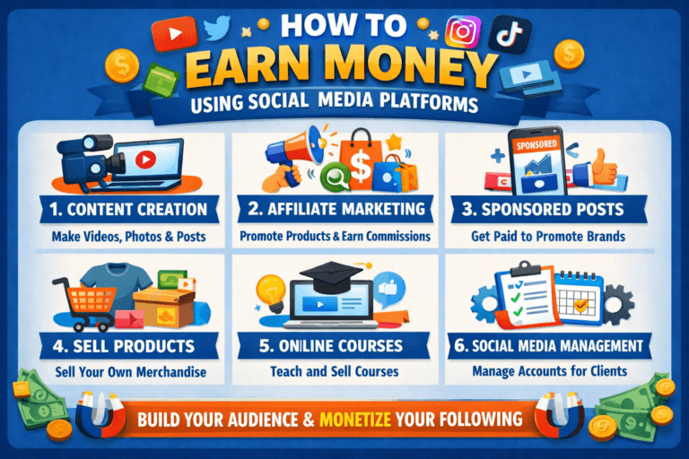 A person using a smartphone and laptop surrounded by social media icons like Instagram, Facebook, TikTok, and YouTube, representing ways to earn money online through social media platforms