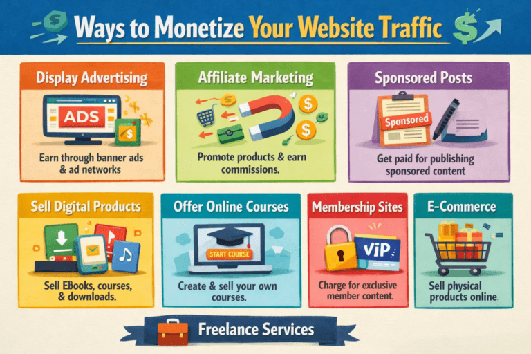 Illustration showing website traffic turning into revenue, with icons representing ads, affiliate marketing, subscriptions, and e-commerce, highlighting different ways to monetize website visitors.