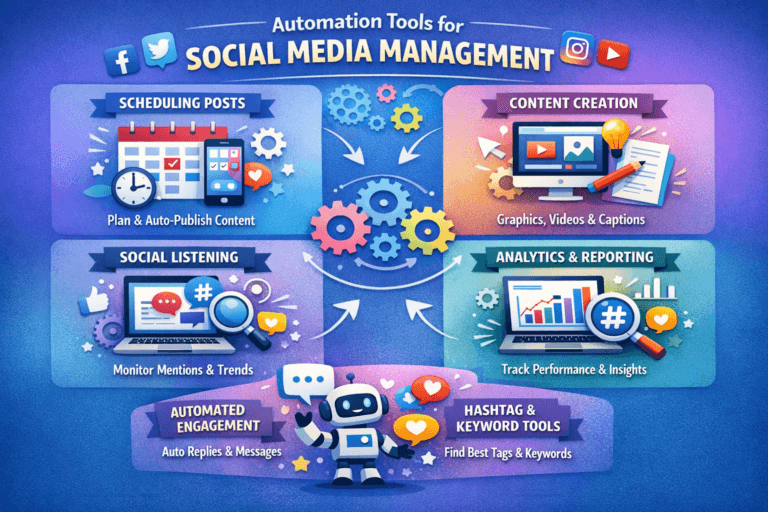 A modern digital workspace showing a laptop and smartphone displaying social media dashboards, graphs, and automation tools, representing efficient social media marketing strategies for 2026.