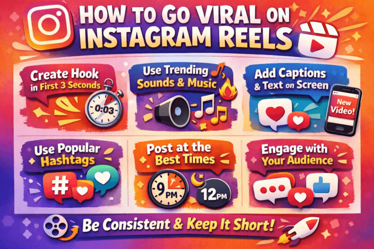 A smartphone screen showing an Instagram Reels interface with a trending video, surrounded by icons representing likes, shares, and comments, symbolizing social media engagement and viral content creation in 2026.
