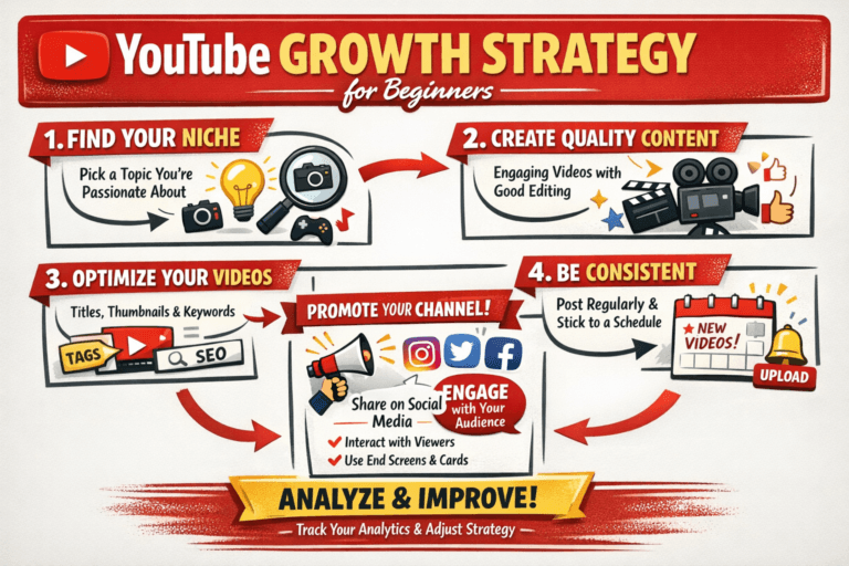 Illustration showing a beginner-friendly YouTube growth strategy, featuring a laptop with a YouTube dashboard, rising analytics charts, and icons for video creation, engagement, and subscribers.