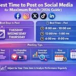 Infographic showing optimal posting times on social media platforms for maximum engagement in 2026, including charts and clocks representing different hours for platforms like Instagram, Facebook, Twitter, and LinkedIn.