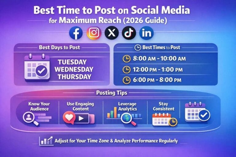 Infographic showing optimal posting times on social media platforms for maximum engagement in 2026, including charts and clocks representing different hours for platforms like Instagram, Facebook, Twitter, and LinkedIn.