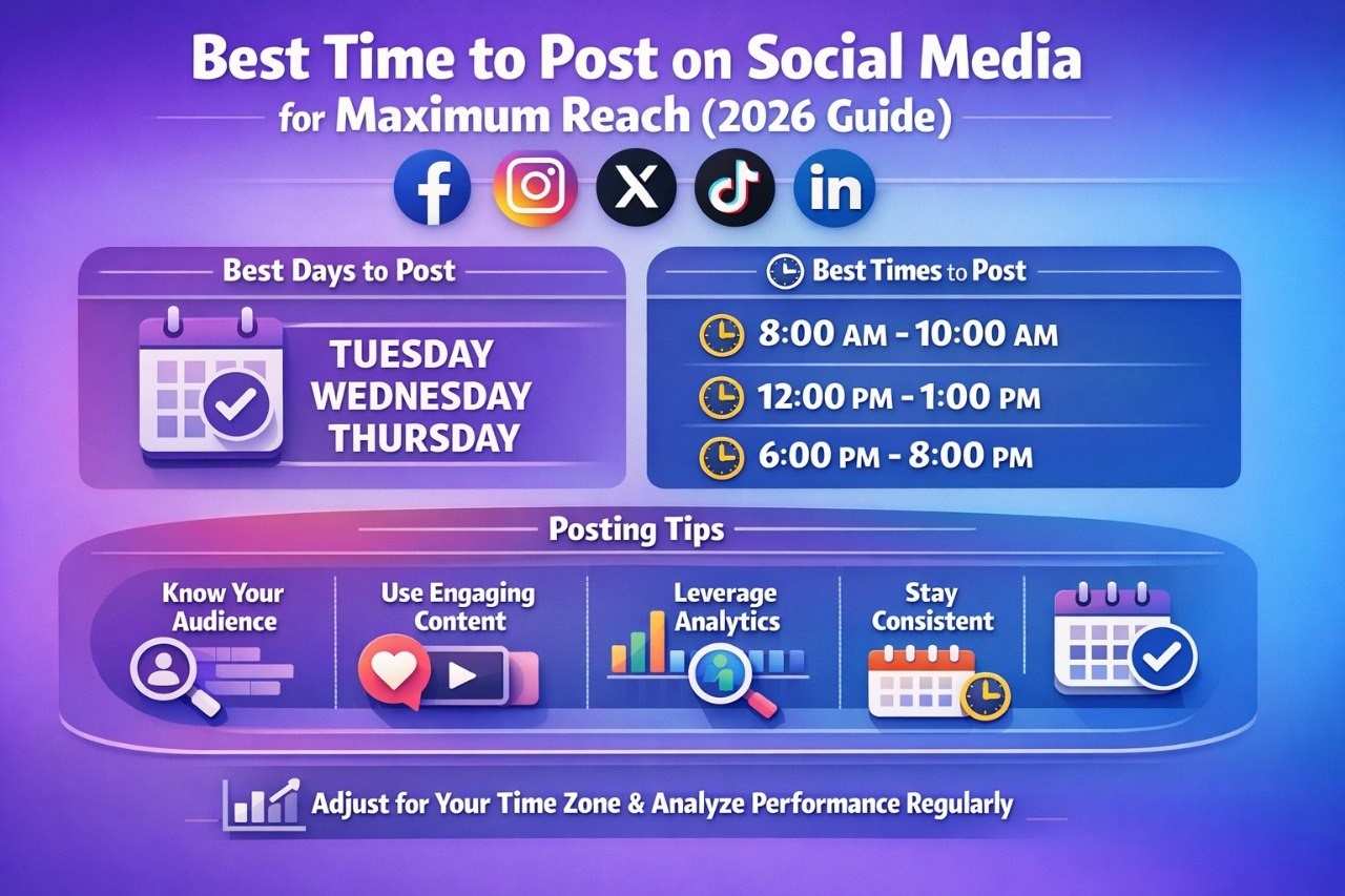 Infographic showing optimal posting times on social media platforms for maximum engagement in 2026, including charts and clocks representing different hours for platforms like Instagram, Facebook, Twitter, and LinkedIn.