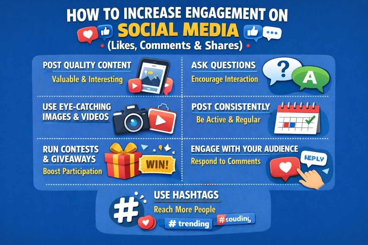 A graphic showing social media engagement, including icons for likes, comments, and shares on popular platforms, with a person analyzing metrics on a laptop.